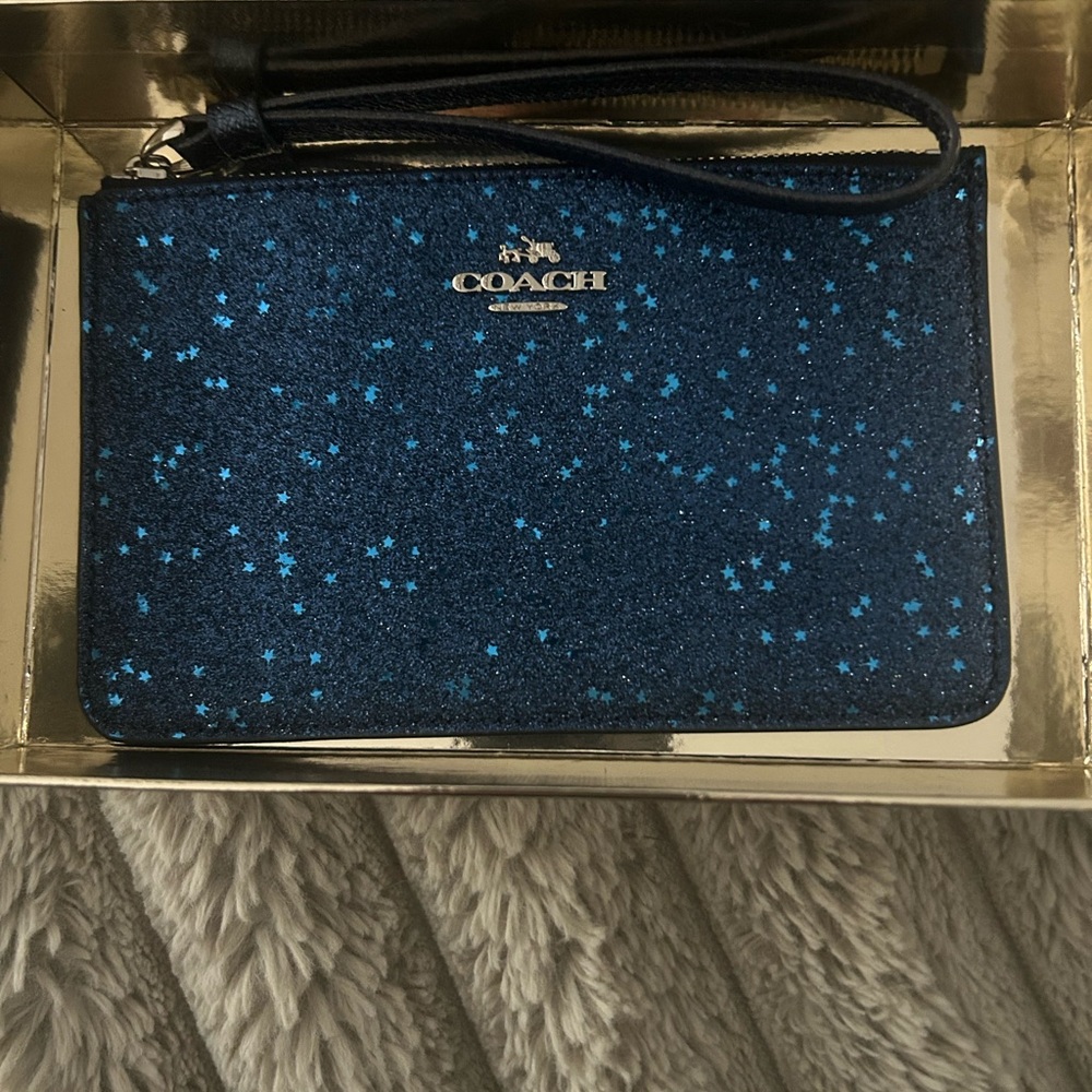 Coach Navy Glitter Star Wristlet Zip Pouch w/ Box - Picture 3 of 5